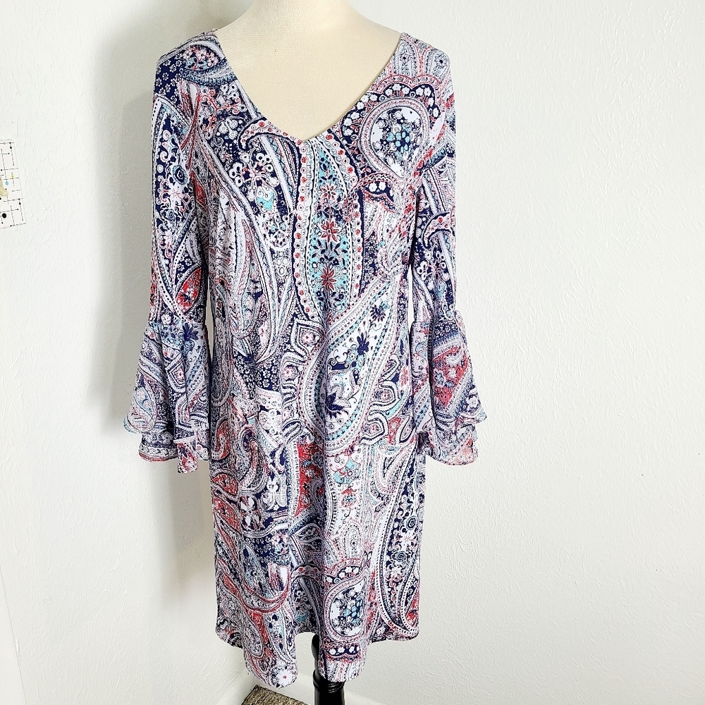 MSK Multicolor Floral Print Dress with Bell Sleeves, Size Large